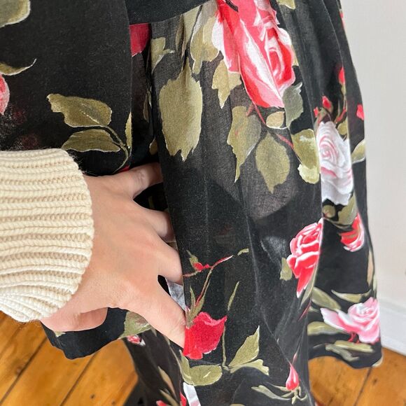 Vintage 1980s Retro Sheer Black Floral Cottagecore Midi Shirt Dress w/Pocket - Picture 7 of 11